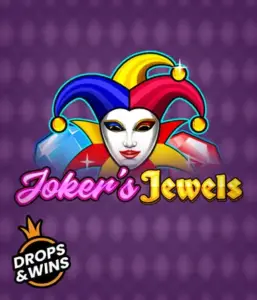 Discover the vibrant charm of Joker's Jewels slot by Pragmatic Play, showcasing a charming joker's mask embellished with a multicolored jester hat. This graphic evokes the fun and excitement of casino gaming, set against a deep purple background. Ideal for those who love classic slot games, promising a delightful play experience. 